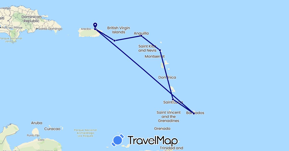 TravelMap itinerary: driving in Antigua and Barbuda, Barbados, Saint Lucia, Netherlands, Puerto Rico, U.S. Virgin Islands (Europe, North America)