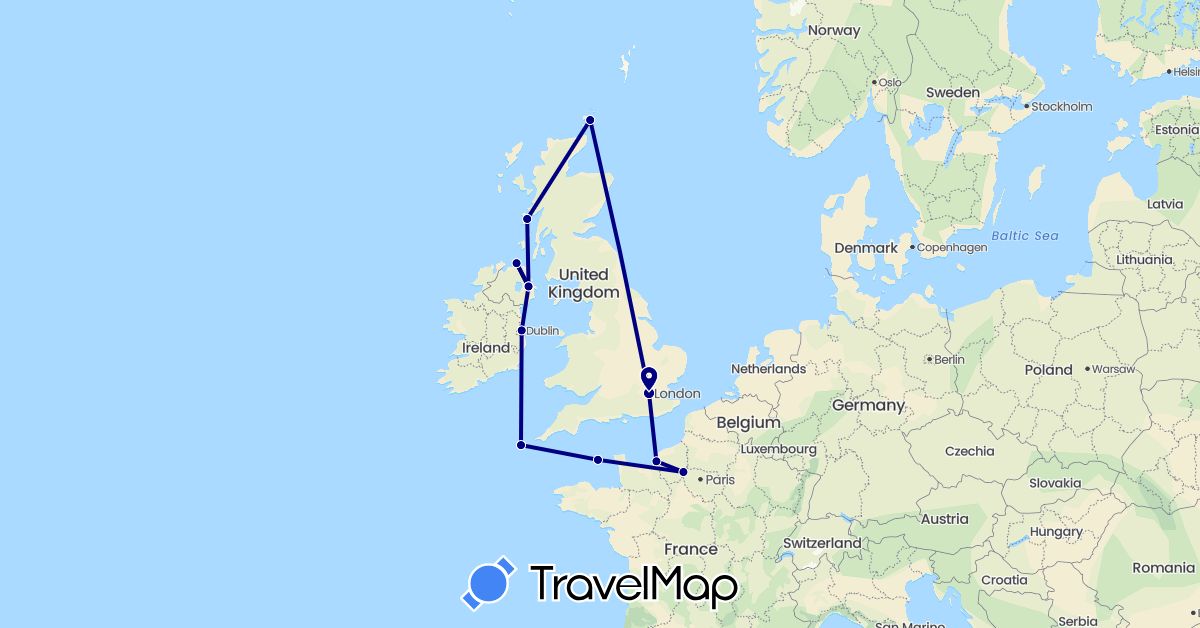 TravelMap itinerary: driving in France, United Kingdom, Guernsey, Ireland (Europe)